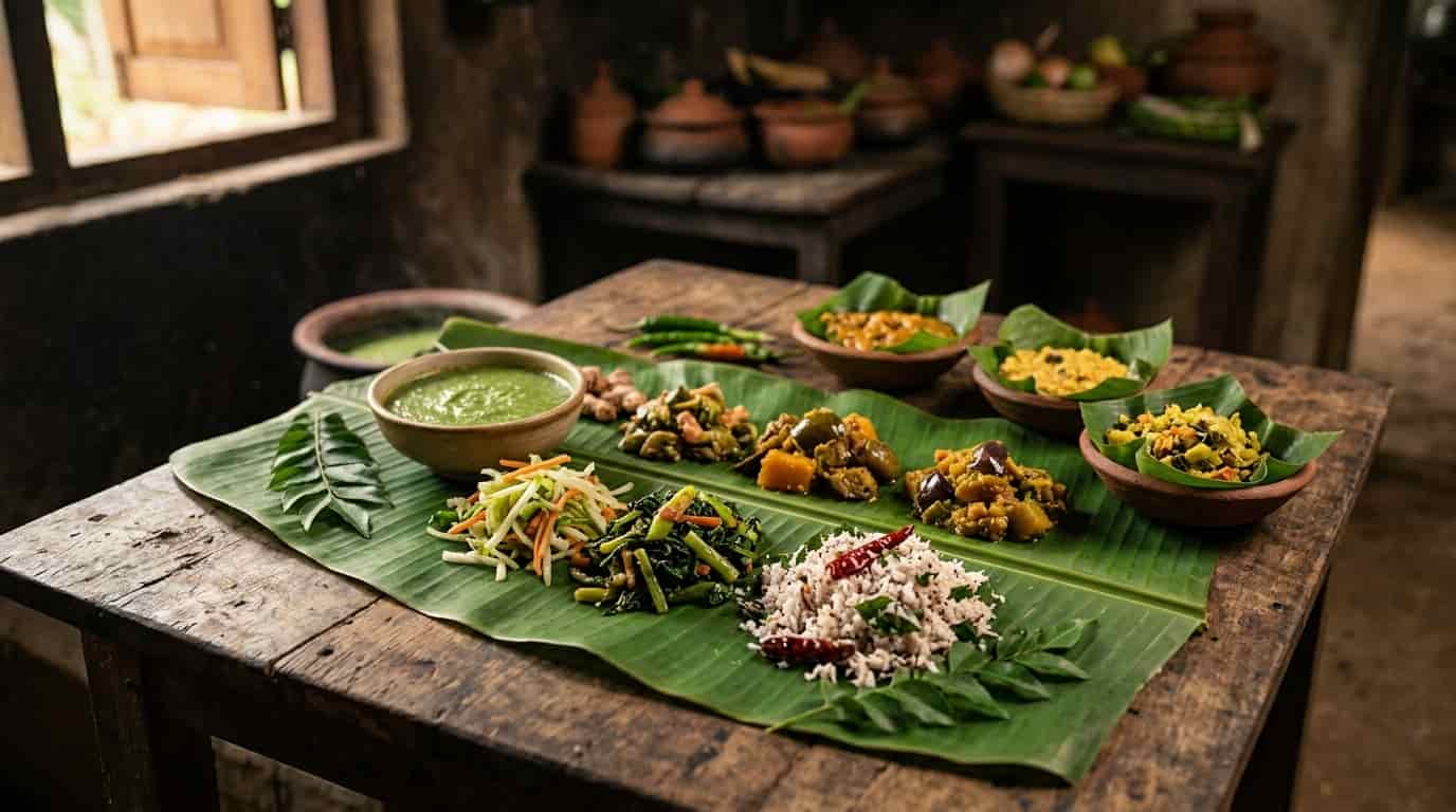 Traditional Sri Lankan meal served on a banana leaf